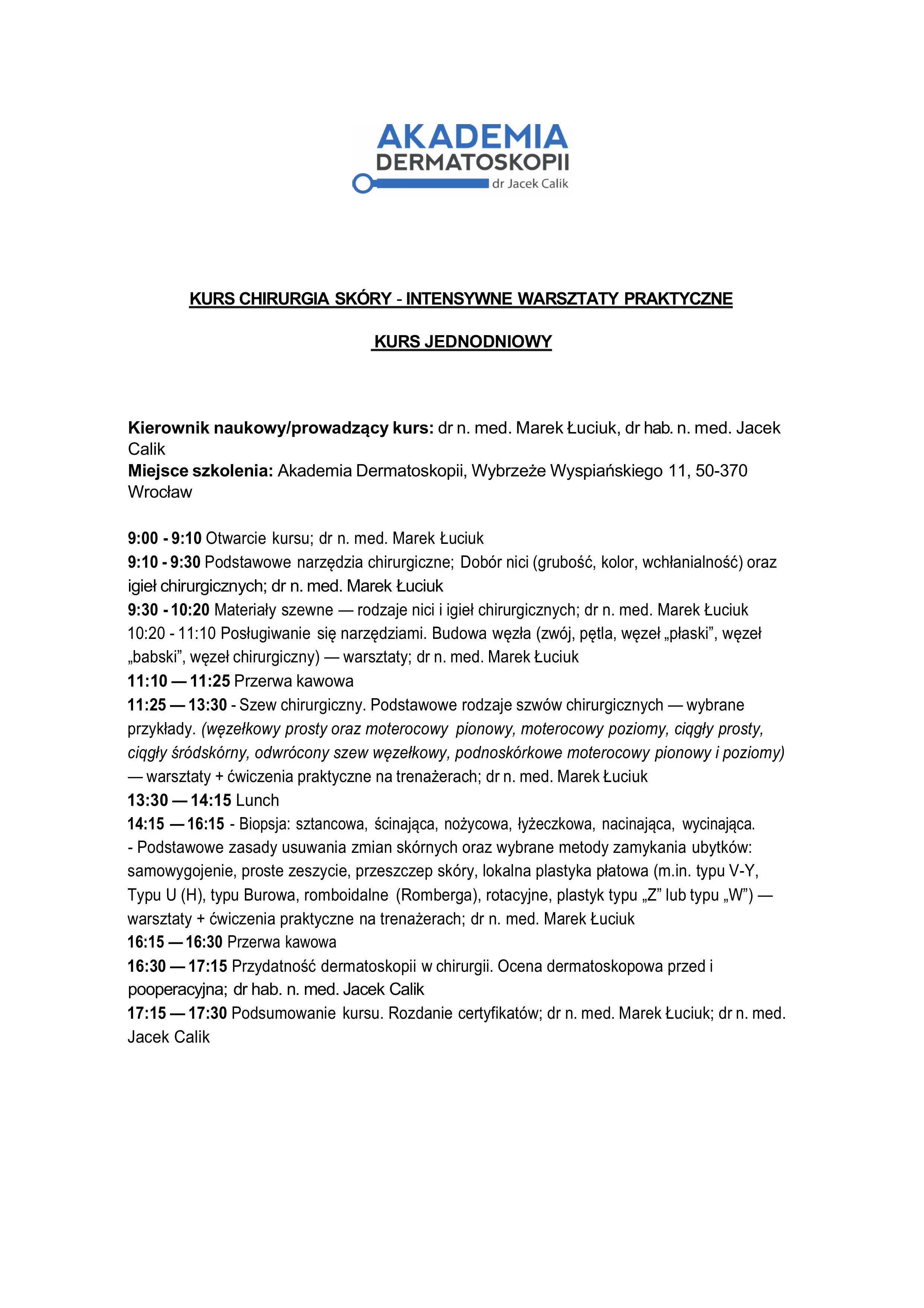 Agenda kursu Chirurgia skóry