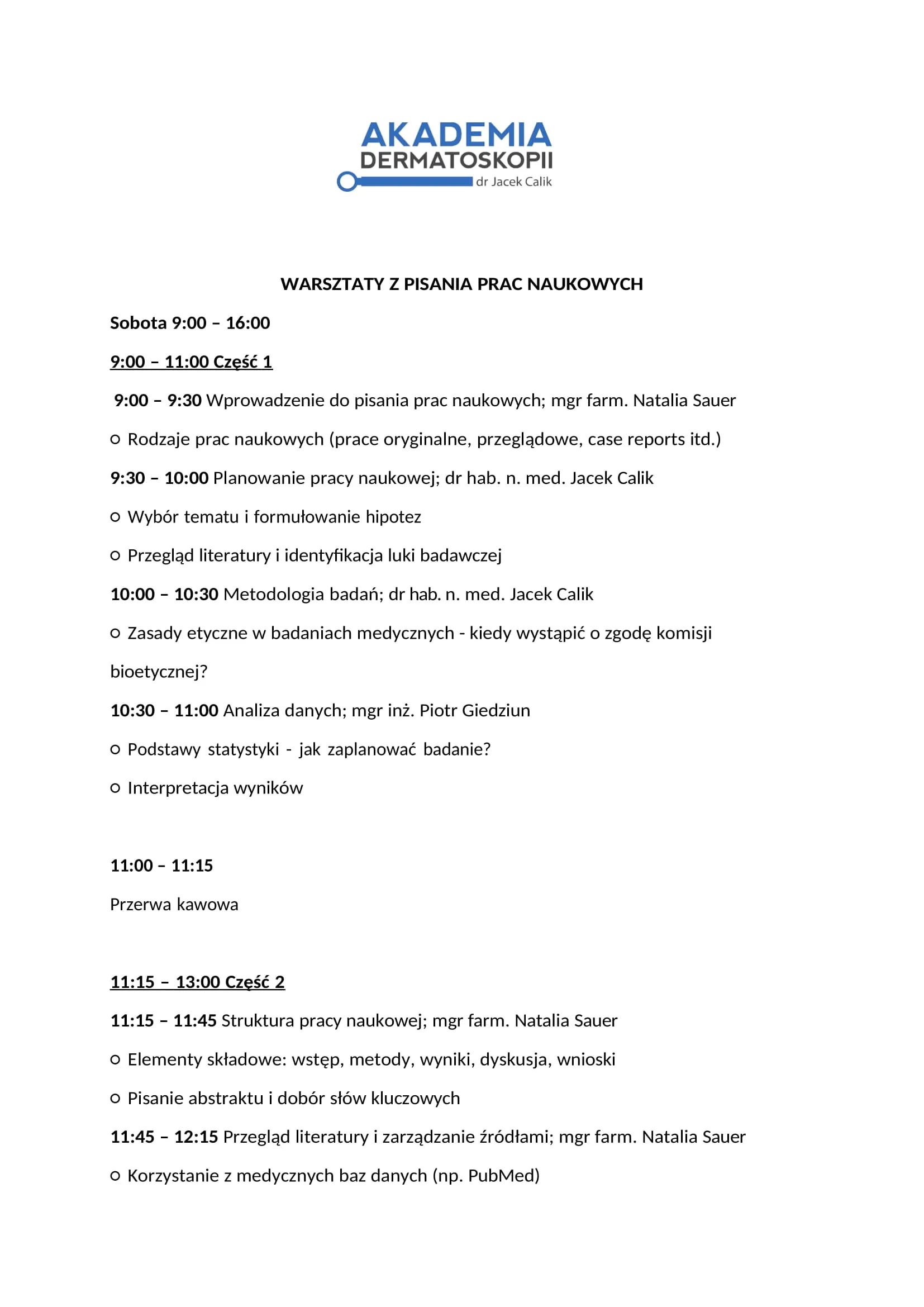 Agenda warsztatów z pisania prac naukowych — strona 1
