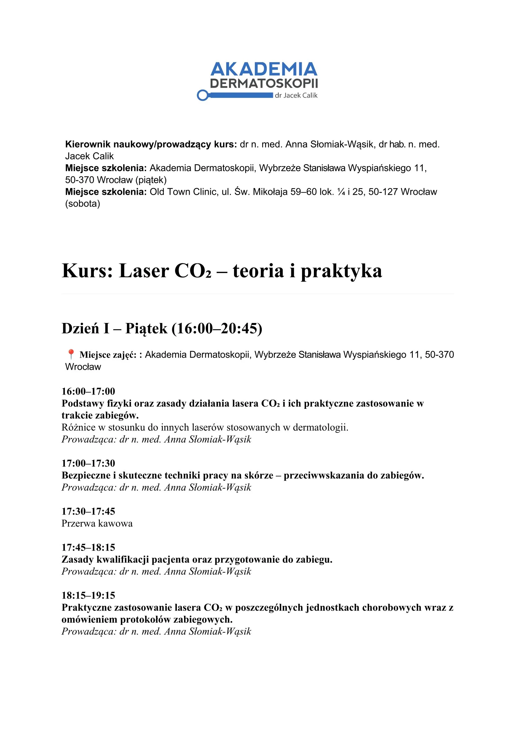 Agenda kursu Laser CO2 — strona 1