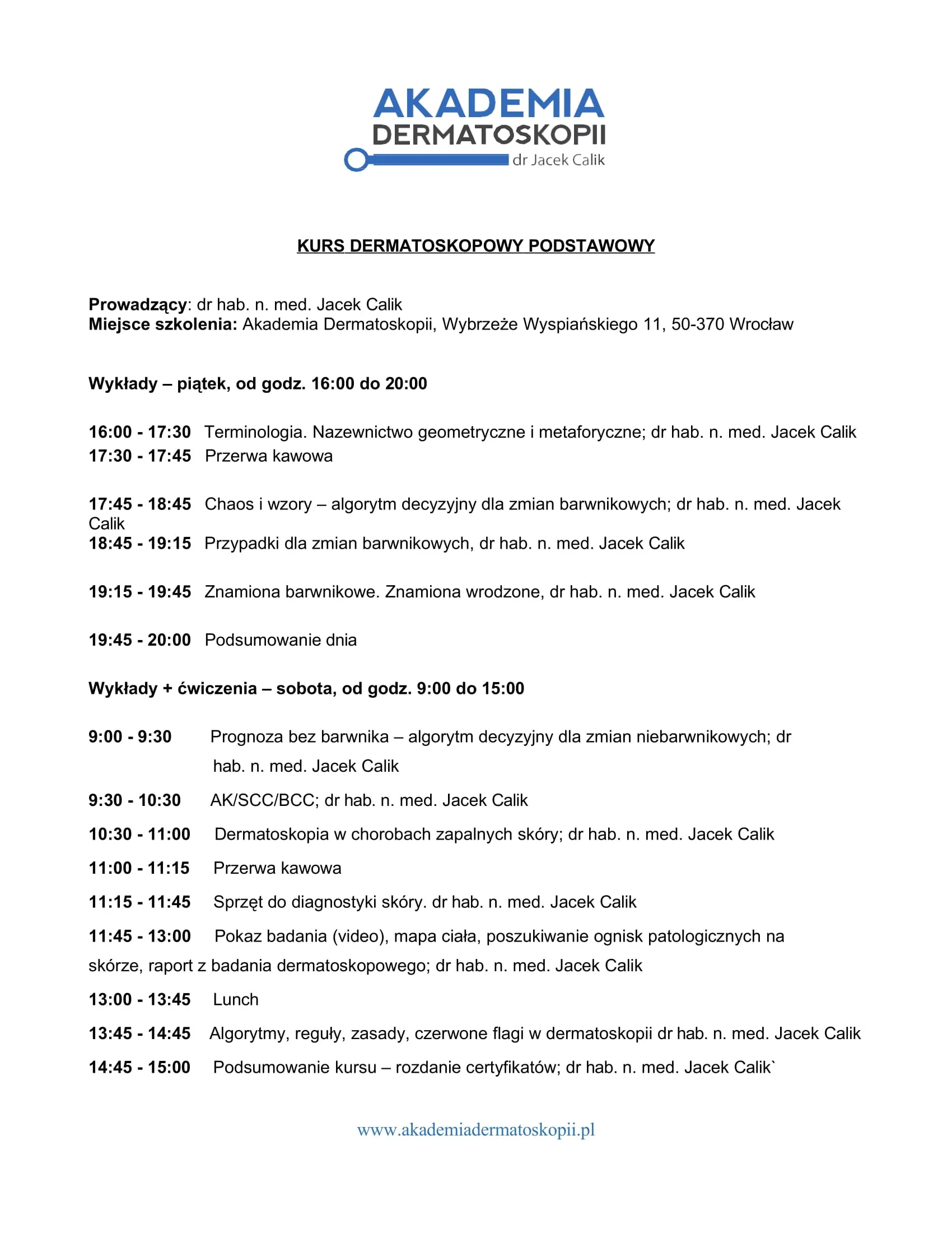 Agenda kursu dermatoskopowego podstawowego — strona 1