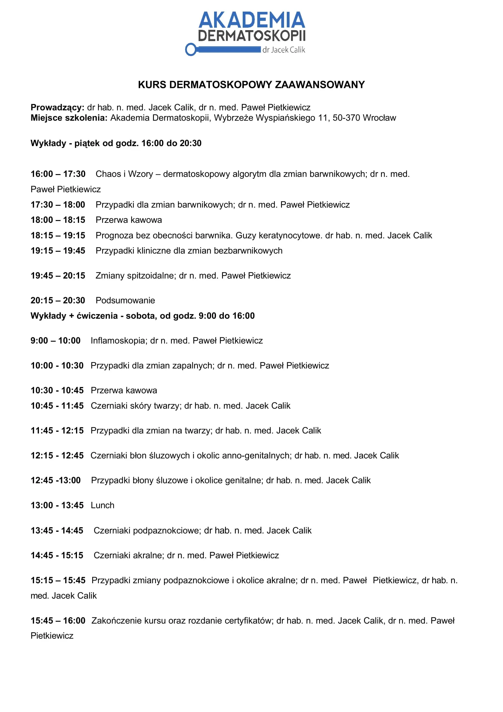 Agenda kursu dermatoskopowego podstawowego — strona 2